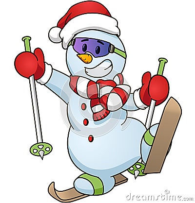 Cartoon snowman on skiing Vector clip art illustration simple gradients Vector Illustration