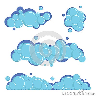 Cartoon soap foam set with bubbles. Light blue suds of bath, shampoo, shaving, mousse. Vector illustration Vector Illustration