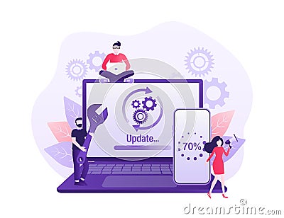 Cartoon software update people for mobile app design. Isometric vector illustration. Mobile application design Vector Illustration