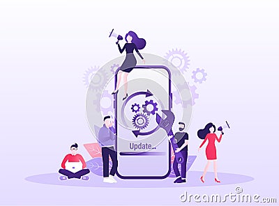 Cartoon software update people for mobile app design. Isometric vector illustration. Mobile application design Vector Illustration