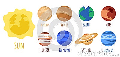 Cartoon solar system planets. Astronomical observatory planet, Sun, venus mercury neptune uranus and earth universe astronaut sign Stock Photo
