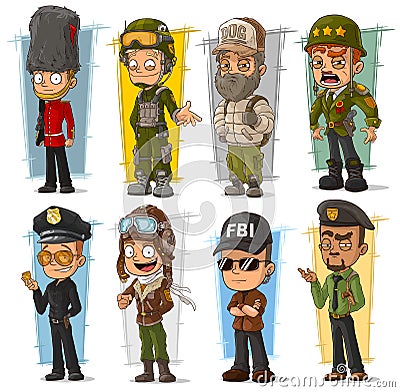 Cartoon soldier policeman agent and pilot character vector set Vector Illustration