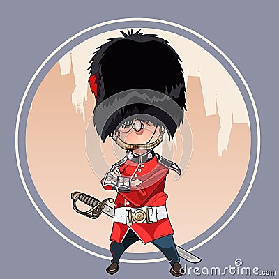 Cartoon soldier of the Royal Guard stands with his arms crossed Vector Illustration