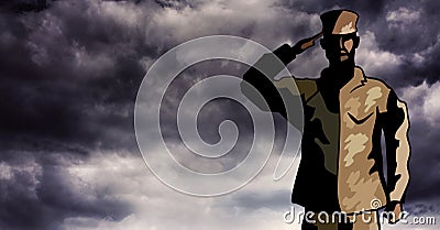 Cartoon soldier saluting against storm clouds Stock Photo