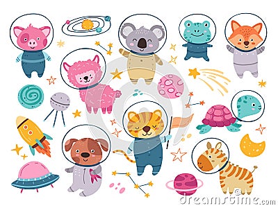Cartoon space animals. Animal astronauts, spaceship and stars. Universe travel, kids funny friends. Childish adventures Vector Illustration