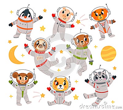 Cartoon space animals astronaut. Funny little astronauts in suits. Universe research characters, animal travel and Vector Illustration