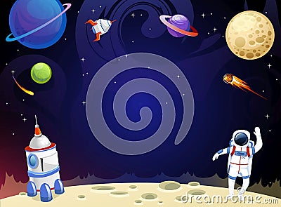 Cartoon space background with empty space in the middle. Vector cosmic illustration for party, greeting card, invitation, Vector Illustration