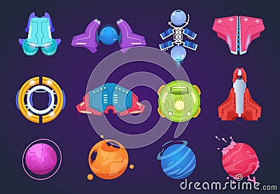 Cartoon space icons. Spaceships alien planets ufo aerospace rockets and missiles. Space kids fantastic game items Vector Illustration