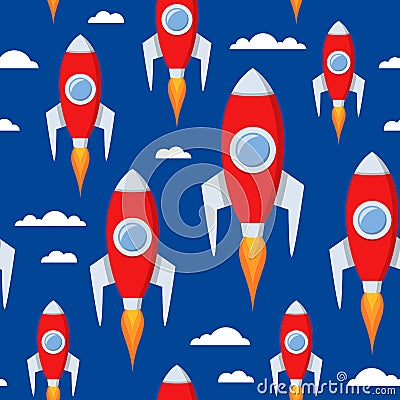 Cartoon Space Rockets Seamless Pattern Vector Illustration