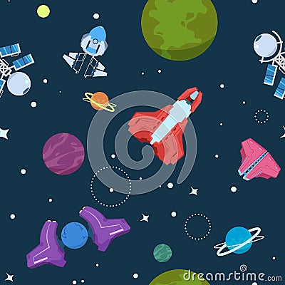 Cartoon space seamless pattern. Alien planets ufo rockets and missiles. Galaxy kid boy room vector wallpaper Vector Illustration