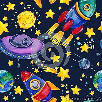 Cartoon space seamless pattern. Stock Photo