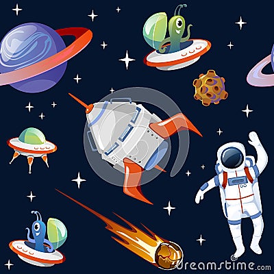 Cartoon space seampless pattern. Planets, asteroids, astronauts, ufo, spaceships and stars isolated on blue background. Vector Illustration