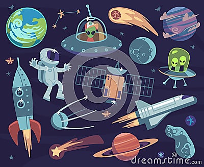 Cartoon space set. Cute astronauts and ufo aliens, satellite planets and stars. Meteorite and spaceship kids wallpapers Vector Illustration