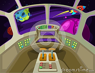 Cartoon spaceship cabin interior with windows into space with alien planets vector illustration Vector Illustration