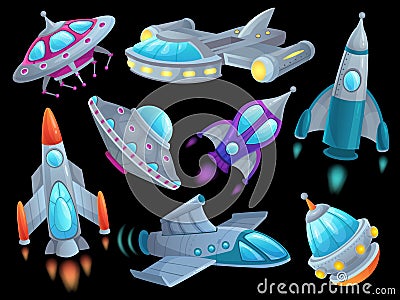 Cartoon spaceship. Futuristic space rocket vehicles, alien flight spacecraft ship ufo and aerospace rocketship isolated Vector Illustration