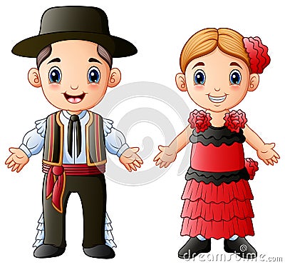 Cartoon Spanish couple wearing traditional costumes Vector Illustration