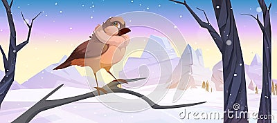 Cartoon sparrow bird sitting on branch at winter Vector Illustration