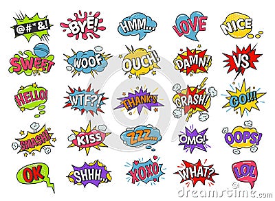 Cartoon speech bubbles. Comic book funny sound effects, xoxo kiss, sweet and smash. Omg, lol and love text balloon Vector Illustration