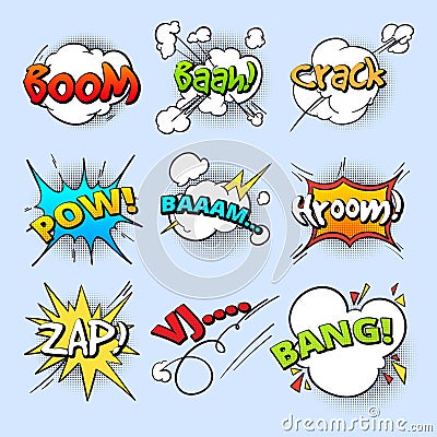 Cartoon speech bubbles, explode bang sound with comic text elements vector collection Vector Illustration