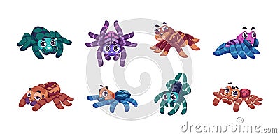 Cartoon spider. Cute child insect mascot with funny big eyes for kids illustration. Colorful tarantula collection Vector Illustration