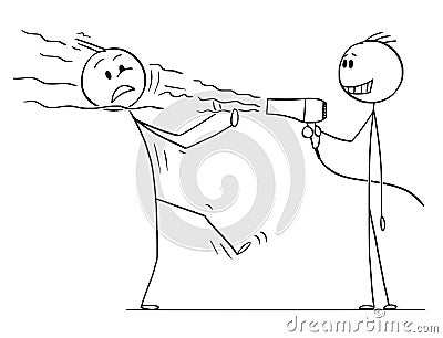 Cartoon of Spiteful Man Blowing at Another Man With Hairdryer Vector Illustration