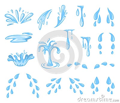 Cartoon splashes and drops. Tears, sweat or water spray and flow, falling blue water droplets. Raindrops, puddle Vector Illustration