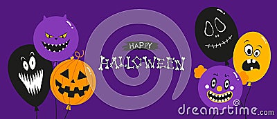 Cartoon spooky bones Halloween letters. Ballon with evil clown face, pumpkin, ghost, cat. Vector Illustration