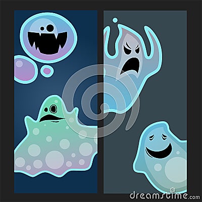Cartoon spooky ghost character scary cards monster costume evil silhouette creepy phantom spectre apparition vector Vector Illustration