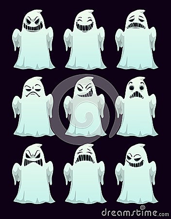 Cartoon spooky ghosts with different emotions. Halloween stickers set. Vector Illustration