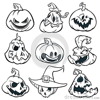 Cartoon spooky Jack O` Lantern pumpkins set outlined. Halloween vector illustration. Vector Illustration