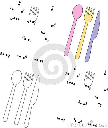 Cartoon spoon, knife and fork. Coloring book and dot to dot game Vector Illustration