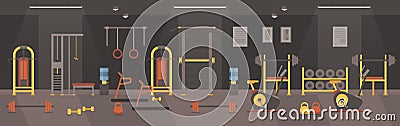 Cartoon sport club or fitness center gym room with treadmill machine, bike equipment, metal dumbbell and barbell bench Vector Illustration