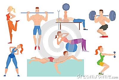 Cartoon sport gym people group exercise on fitness ball Vector Illustration