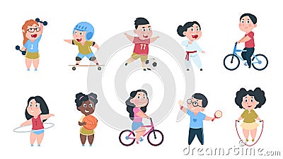 Cartoon sport kids. Boys and girls playing ball, group of children ride on bike, do active physical exercises. Vector Vector Illustration