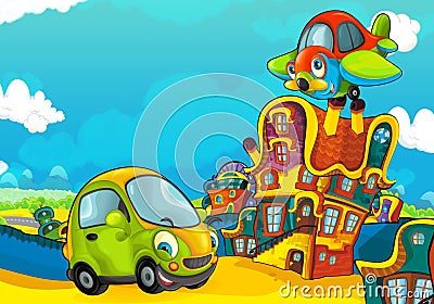 Cartoon sports car smiling and looking in the parking lot and plane flying over Cartoon Illustration