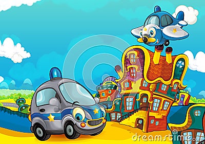 Cartoon sports car smiling and looking in the parking lot and plane flying over Cartoon Illustration