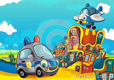 Cartoon sports car smiling and looking in the parking lot and plane flying over Cartoon Illustration