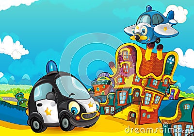 Cartoon sports car smiling and looking in the parking lot and plane flying over Cartoon Illustration