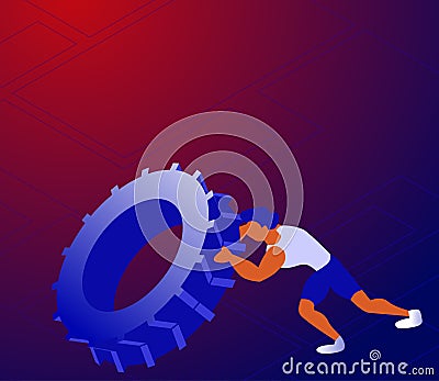 Cartoon sportsman pushing tyre and training all muscles Vector Illustration