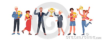 Cartoon sportswoman winning gold trophy cup at competition, business people holding prize in hands. Success, victory Vector Illustration