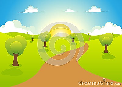 Cartoon Spring Or Summer Landscape Vector Illustration