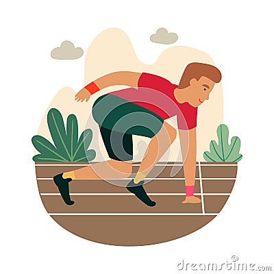 Cartoon sprinter ready to sprint on starting line. Vector Illustration