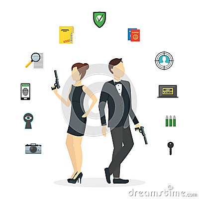 Cartoon Spy Couple and Icons Set. Vector Vector Illustration