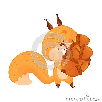 Cartoon Squirrel Animal Carrying Lots of Acorns in Its Tree Hollow Vector Illustration Vector Illustration