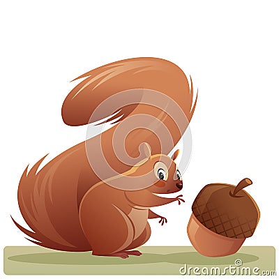 Cartoon squirrel character reaching an acorn isolated vector ill Vector Illustration