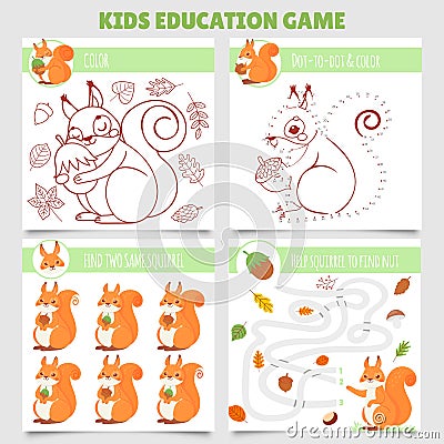 Cartoon squirrel kids games. Find two same pictures, squirrel and nut maze, coloring game and dot to dot vector Vector Illustration