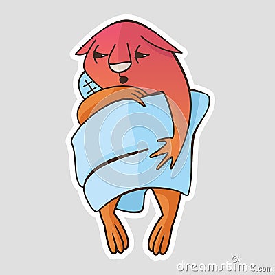 Cartoon squirrel with a thermometer in his hand, wrapped in a blue blanket, lay sick. Vector sticker Vector Illustration