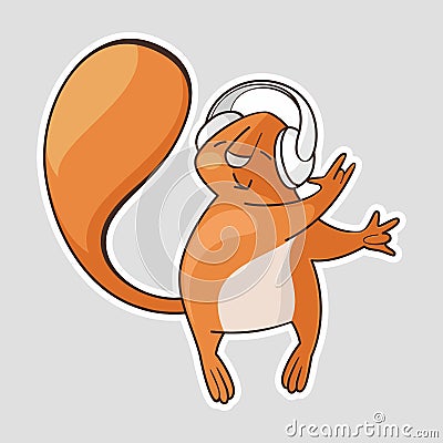 Cartoon squirrel in white headphones on his head, listens to music and dances. Vector sticker Vector Illustration