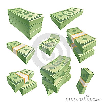 Cartoon stack banknotes. Stacks cash green money, dollar bills, stacking dollar banknote, pile cashs paper currency Vector Illustration
