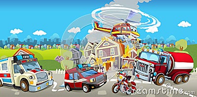 Cartoon stage with different machines for firefighting and ambulance colorful and cheerful scene Cartoon Illustration